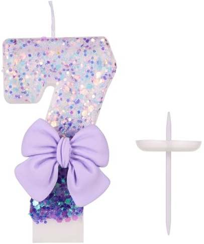 Geburtstagskerzen Zahlen, 7,3cm Lila Geburtstagskerzen-Schleife 0-9 Glitzer Kuchendekoration mit Pailletten für Geburtstag Hochzeit Jubiläum Party Backen Feiern (Zahl 7)