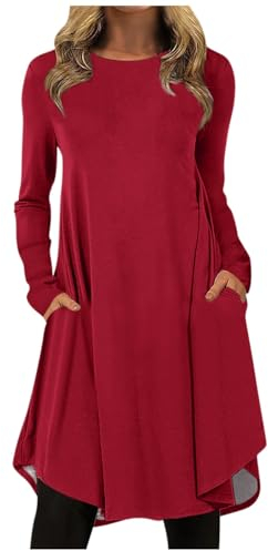 Sommerkleid Damen Kleid Hochzeitsgast Festlich Pailettenkleider Für Einfarbig Rundhals Langarm Swing Pulloverkleid Mit Tasche Casual Locker Blusen Boho