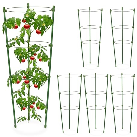 Relaxdays Tuteur à tomates, Lot de 6, 3 Anneaux, HxD : 45 x 18 cm, pour Plantes Utilitaires, métal & Plastique, Vert
