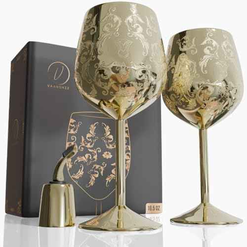 vaanshie Mother’s Day Gift for Mom – Set of 2 Gold Stainless Steel Wine Glasses, 17oz Engraved Goblets with Bottle Stopper, Unbreakable Elegant Wine Cups, Gift for Women, Wife, Mom, Sister