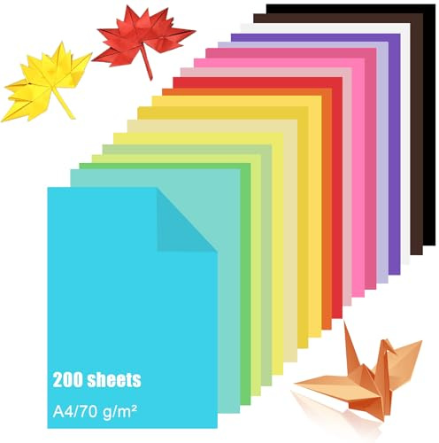 200 Blatt Buntes Papier A4, Farbiges Faltpapier in 20 Farben (70 g/m²), Tonpapier Bunt/Bastelpapier Zweiseitig für DIY Origami und Bastelprojekte