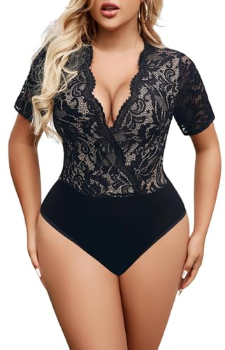 Avidlove Dam spets body sexig kortärmad bodysuit blus v-ringad nättoppar eleganta toppar med snap crotch, A-svart, XL