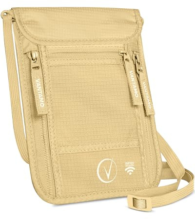 Premium Neck Wallet Travel Pouch und Passport Holder, RFID geschützt, passt zu Passport mit Cover. Für Männer und Frauen, Khaki