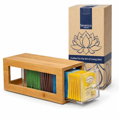 Serenica Homes Bamboo and Acrylic Drawer Tea Bag Holder- Durable & Elegant Tea Bag Storage Holder for Kitchen Countertop, Space-Saving Tea Drawer Organizer