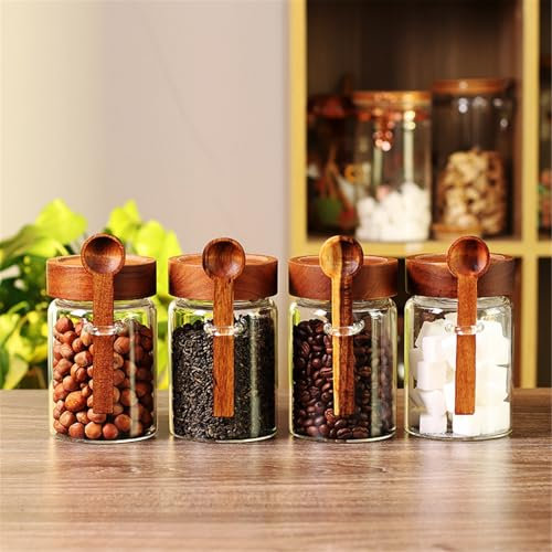 LVYUDS Gewinde Siegel Honigspender mit Löffel Akazie Deckel 450ml Honigglas Lagerung Konfitüre Gewürze Tee Joghurt Frische Sirup Spender Küche Schlafsaal(4 Pieces)