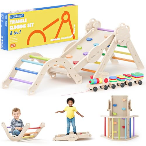 COSYLAND Klettergerüst Indoor M – Großes Kletterdreieck Set mit Kletterbogen & Rutsche – 8-in-1 Massivholz-Spielplatz für Kinder ab 18 Monaten – Regenbogenfarben