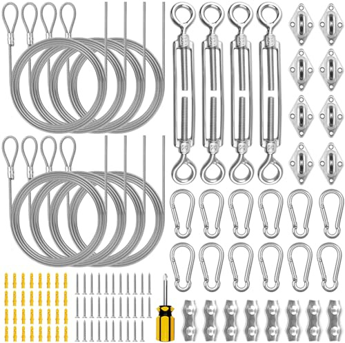 WHIFUTENS 111pcs Sun Shade Sail Hardware Kit for Garden, Craft, Pergola, 304 Stainless Steel Sun Shade Accessories Set Include Wire Rope, Turnbuckle, Screwdriver, Snap Hook, Pad Eye, Screw