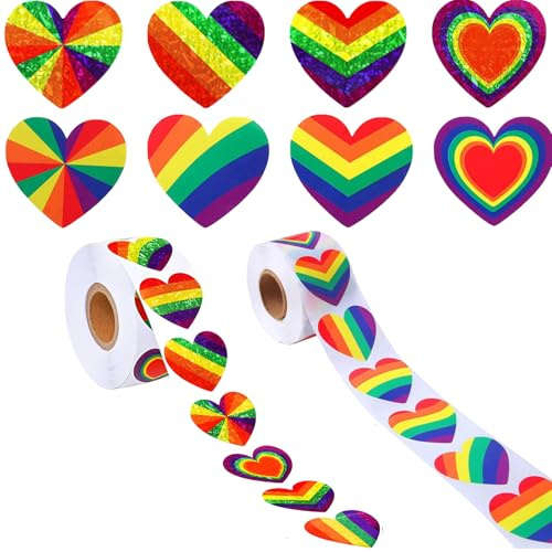 Rainbow Heart Sticker Roll, 1000 Self-Adhesive Labels, 8 Assorted Designs | Striped, Chevron, Radial And Nested-Heart Patterns, For Cards, Scrapbooks, Stationery, Labels And Event Decorations