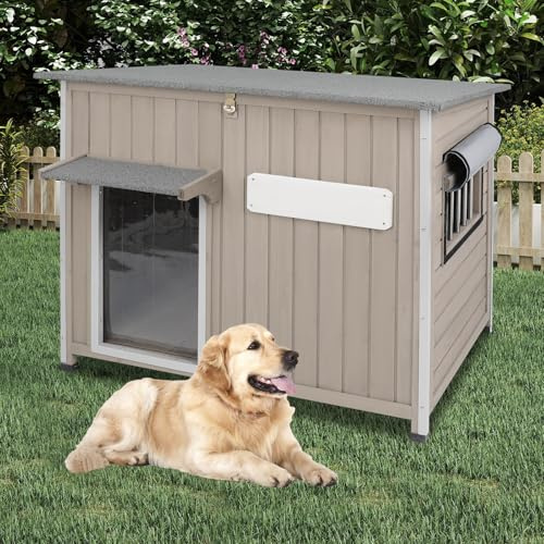 Outdoor Dog House Weatherproof, Wooden Puppy Shelter with Anti-Chewing Iron Frame and Elevated Floor, Sturdy Dog Kennel for Small, Medium & Large Dogs (Gray, 40 L x 26 W x 31 H)