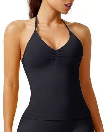 InfiniZer Women's Longline Halter Neck Gym Top Padded Backless Seamless Crop Vest Tops for Workout Yoga Running (UK, Alpha, S, Regular, Regular) Black