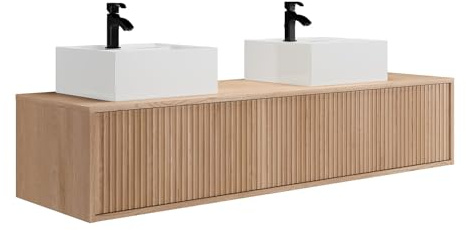 Vente-unique-Mobile per bagno sospeso scanalato con doppio lavabo - le chiaro - 150 cm - ARNEGA