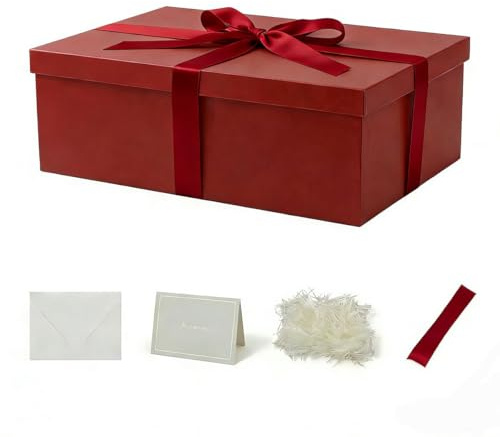 KdmNzoo Geschenkbox mit Deckel 42 x 32 x 15.5 cm groß xxl, Geschenkbox mit Schleifen, Grußkarten, Raffia Hamper Shreds für Rot