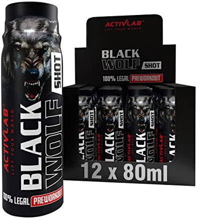 ACTIVLAB BLACK WOLF Mehrkomponenten PWO Pre-workout im Shot 80 ml - Beta-Alanin, Phenylalanin + Tyrosin, Koffein, Niacin, Vitamine B6 und B12- Box 12 Dosen - vor Kraft- und Ausdauertraining