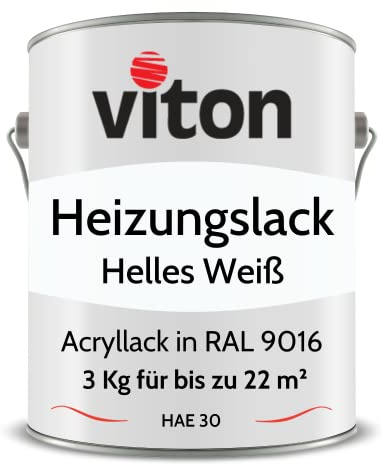 Viton Acryllack für Heizkörper - 3 Kg - Seidenmatt Weiss - UV- & Hitzebeständig - Heizkörperfarbe, Heizkörperlack, Heizungslack - HAE 30 - RAL 9016 Verkehrsweiss (Helles Weiss)