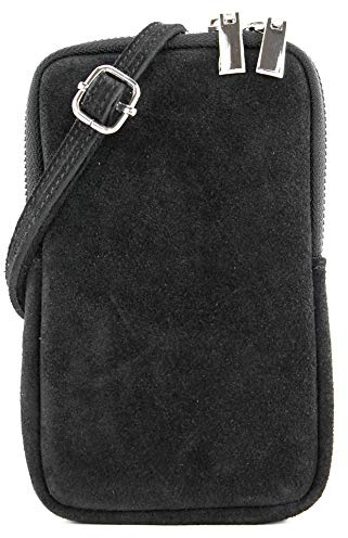 modamoda de T210 Damen Wildleder Rauleder Handytasche 6,7 Zoll Umhängetasche handmade in Italy, Farbe:Schwarz