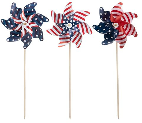 Glitzhome 81 cm H 3-pack reflekterande vindsnurror i plast patriotiska dekorationer amerikansk flagga på pinne väderkvarnar med insatser