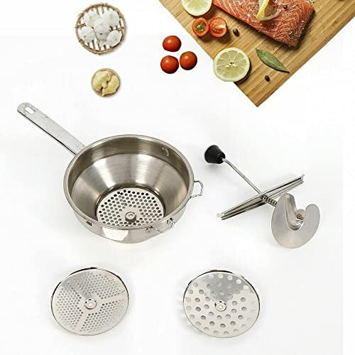 Gemüsemühle, Edelstahl Kartoffelstampfer, Küchenstampfer, Gemüsestampfer, Kartoffelpresse, Stampfer für Obst Gemüse Kartoffel Guacamole Eiersalat Bananenbrot Kartoffelbrei Stampfer mit 3 Frässcheiben