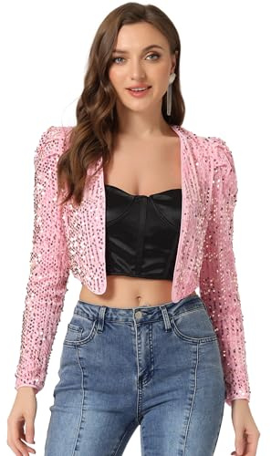 Allegra K Women's Sequin Shrug Open Front Collarless Glitter Sparkly Crop Blazer Jacket X-Large Pink