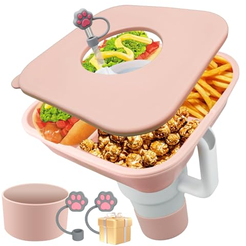 Epinovo Snackschale kompatibel mit Stanley-Becher-Flaschen – Silikon-Snack-Tablett mit Deckel, kompatibel mit Stanley-Bechern, Stanley-Becher-Zubehör, Rosa (2 x Strohhalm-Abdeckung im Lieferumfang