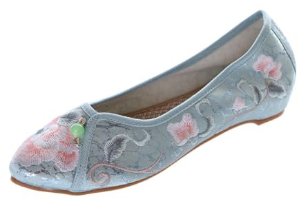 BJ-003 Ballerine plate chinoise en tissu avec fleurs brodées Bleu turquoise vintage Qipao Chaussures à enfiler antidérapantes, bleu, 39 EU Étroit