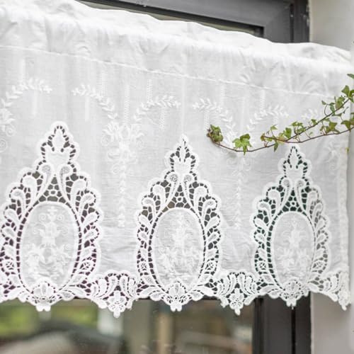 Ricemru Barock Scheibengardinen Kurzstores Landhausstil Vintage Kurz Weiß Halbtransparent Hohlstickerei Blumen Baumwolle Bistrogardinen Halb Gardinen Fenster Wohnzimmer Küche 150x60