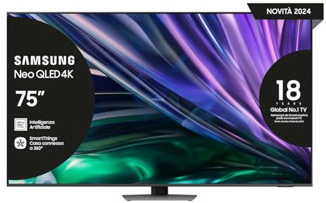 Samsung TV QE75QN85DBTXZT Neo QLED 4K, Smart TV 75 Processore NQ4 AI Gen2, Simple Chamfer, DVBT-2, Q-Symphony & Dolby Atmos, Integrato Alexa, compatibile Bixby e Google Assistant, Carbon Silver 2024