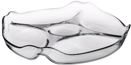 JUANIO Plato de Cristal para Servir, Plato de Cristal Transparente con 5 compartimentos, Bandeja para Aperitivos, Repostería - Diámetro 25.2 x Altura 4.2 cm