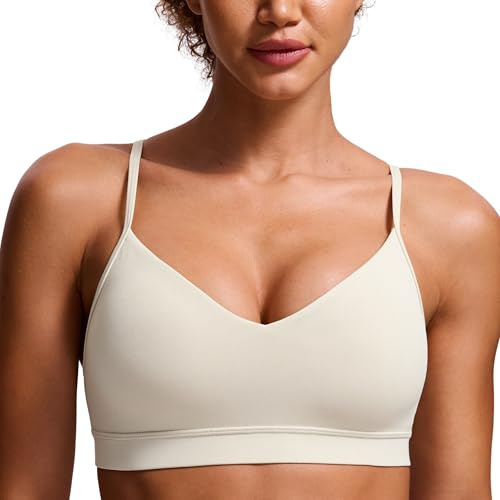 CRZ YOGA Butterluxe V-Neck Sports Bras for Women - Adjustable Thin Straps Padded Yoga Top Basic Wireless Camisole Mojave Tan Medium