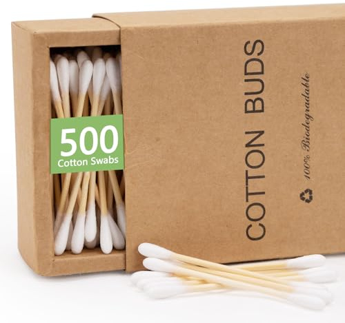 500 Count-Bamboo Double-Tipped Cotton Swabs, Organic & Biodegradable Ear Buds, Multipurpose for Hygiene, Beauty, and Home, Greenness Recyclable Packaging