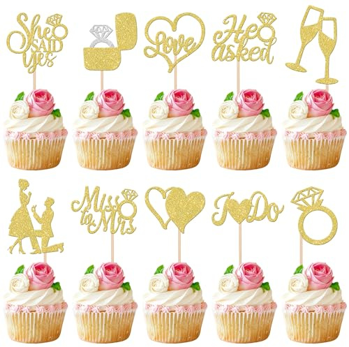 Cupcake-Topper mit Aufschrift He Asked She Said Yes, glitzernd, für Verlobungen, Cupcake-Dekorationen mit Aufschrift Miss to Mrs I Do, Herzring, Miss to Mrs, Cupcake-Picks für Hochzeit, Verlobung,