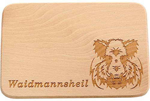 Spruchreif | Frühstücksbrettchen Waidmannsheil | Schneidebrett aus Buchenholz | Geschenk für Jäger | Brettchen mit Gravur | Jagd Zubehör | Naturprodukt Holz | 22 x 15 cm