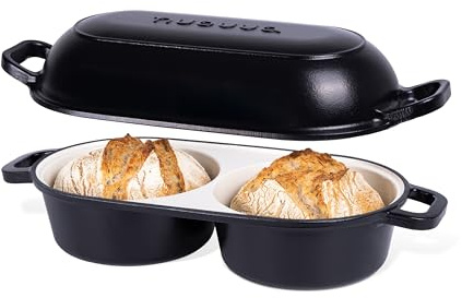 Dutch Oven for Sourdough Bread Baking – Enamelled Cast Iron Bread Loaf Pot – 500°F Oven Safe Non Stick Bread Pot – Double Round Loaf Space, 16.5cm Diameter, Black, – by Nuovva