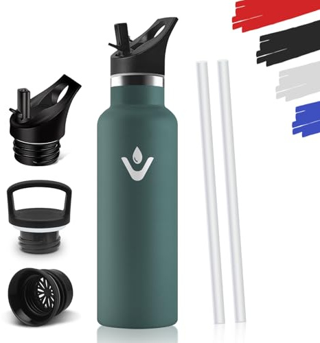 Gourde Enfant 500Ml, sans BPA, Bouteille Isotherme, Double Paroi Étanche, Gourde Avec Paille, Réutilisable, Bouteille Isotherme Pour Le Camping, Les Écoles, Les Gymnases, Isotherme - Vert kaki