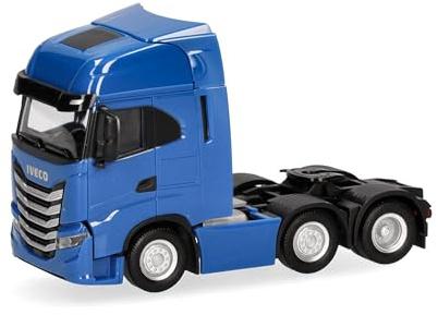 Herpa LKW Modell Iveco S-Way Zugmaschine 3achs (6x2), verkehrsblau, Miniatur im Maßstab 1:87, Sammlerstück, Made in Germany, Kunststoff, Blau
