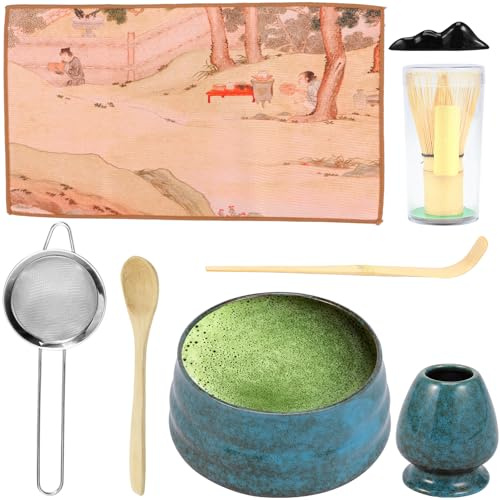 Lot de 8 bols à matcha en céramique avec bec verseur, capacité de 600 ml, bol mélangeur traditionnel avec fouet, pelle, cuillère, support, tapis, passoire pour une expérience ultime (bleu foncé)