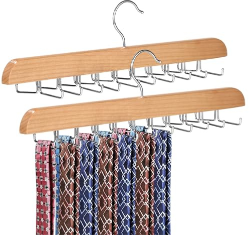 Tie Holders for Closet 2 Pcs, Tie Rack Hanger Hooks, Natural Wood Finish, 20 Rotating Hooks Each, Multi-Functional Storage for Ties Belts Scarves