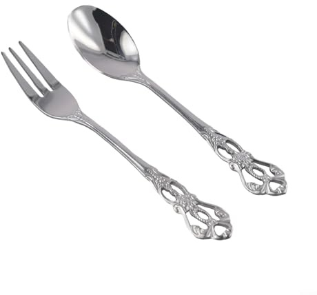 Juego de cuchara y tenedor de postre de acero inoxidable de lujo, para café y recuerdos, estilo vintage (plata)
