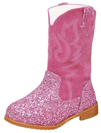 Girls Boots Mid Calf Round Toe Glitter Toddler Western Cowboy Boot Little Kid Big Riding Shoes Dress Up Party Birthday Dance Children's Boots (1 Big Kids) Hot Pink