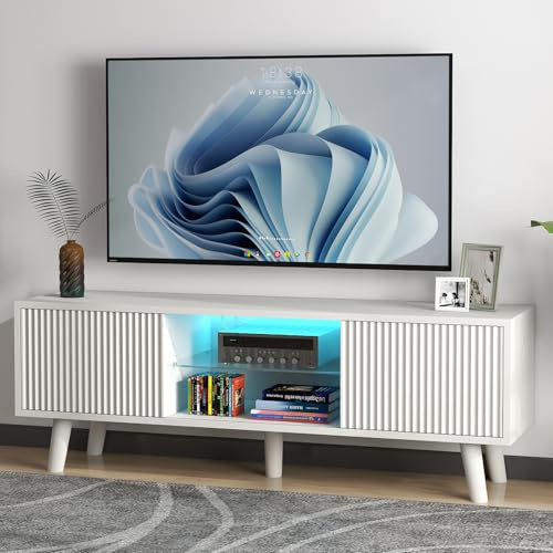 130CM White TV Stand Cabinets for 50 Inch TV with 2 Storage Doors, LED Lights Wooden TV Unit with Adjustable Glass Shelves, White Matt TV Table Living Room Entertainment Center Media Furniture