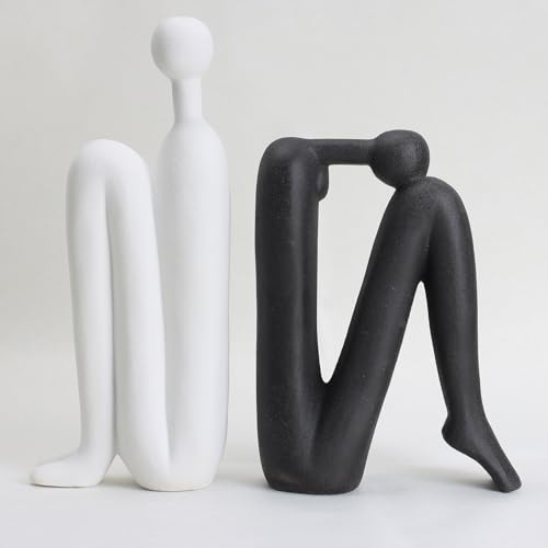 Decorative Bookends Ceramic Art Book Ends, 1 Pair White&Black Thinker Statue Book Holders for Shelves & Office Desk, Ornaments Book Holders for Heavy Books, Modern Bookshelf Decoration
