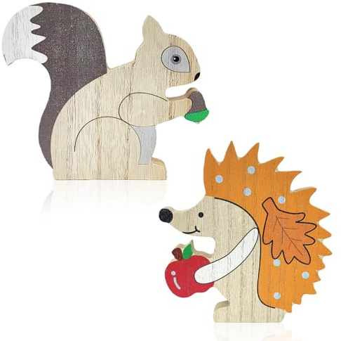 2er-Set Herbst Deko Holz Igel & Eichhörnchen, handgefertigte natürliche Holzdeko für Wohnzimmer, Tisch & Fenster, Herbstdekoration innen