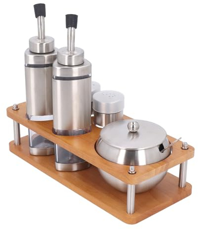 Masyrt Juego de botellas de vinagre de acero inoxidable 304 con base de madera, juego de botellas de vinagre de aceite multifuncional para sal, azúcar, vinagre y especias