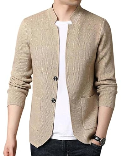 LIUYUYOUGO Americana Hombre Chaqueta De Traje Informal para Hombre Chaqueta De Cuello Mandarín Alto Abrigo Deportivo De Un Solo Pecho Blazer De Punto Ajustado A La Moda Cárdigan Ligero Suéter Ves