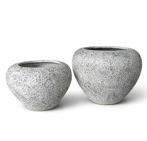 Maceta grande exterior cerámica artesanal cuenco coco textura volcánica gris para jardín terraza patio diseño decorativo moderno resistente intemperie dos tamaños ideal plantas ornamentales