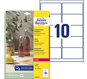 AVERY Zweckform L7783-25 transparente Etiketten (250 Klebeetiketten, 96x50,8mm auf A4, selbstklebend, Aufkleber zum Bedrucken, wetterfest, Beschriftungen/Produktaufkleber) 25 Blatt, durchsichtig