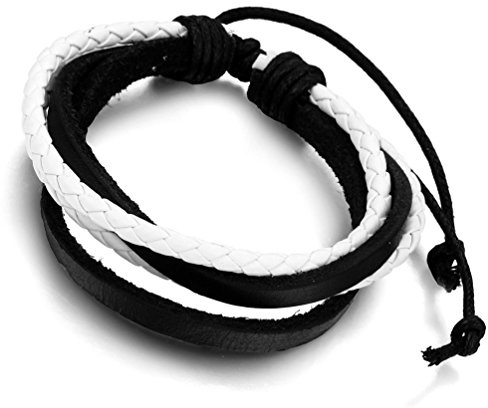 Flongo Lederarmband Damen Armband Herren Armreif Surferarmband, Leder Armreif Armband Weiss Schwarz Blau Weiß Surfer Wickeln Geflochten Stammes Einstellbar Passen 17-25cm Frauen Männer