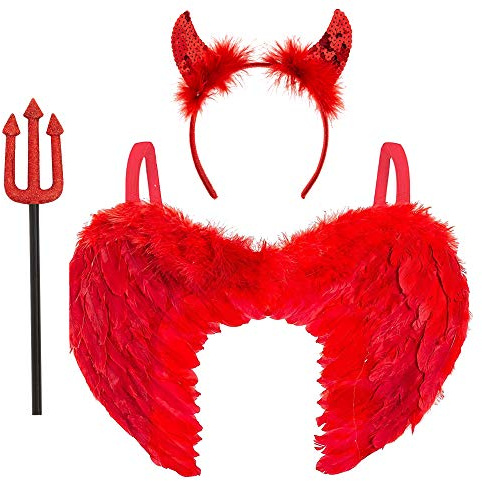 Déguisement Femme Ailes de Diable Rouges en Plumes avec Serre-Tête, Cornes et Fourche - Costume Halloween, démon ou diablesse, 3 Accessoires, Déguisement Adulte Halloween, Cosplay et Carnaval