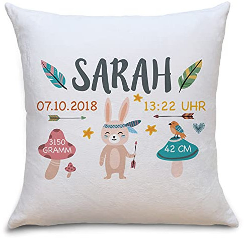 OWLBOOK Geburtskissen Hase Boho Flauschige Kissenhülle mit Namen und Geburtsdaten Geschenke Geschenkideen zur Geburt Baby Kind Mädchen Junge zur Taufe