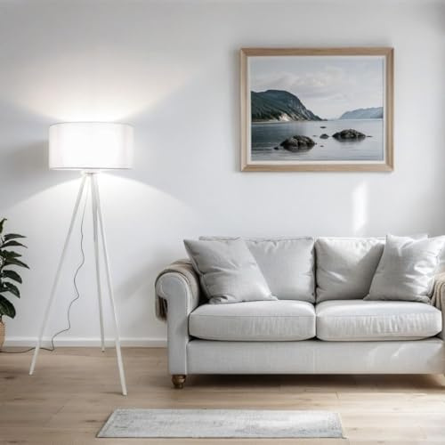Easylight FLORA Runde Stehlampe Holz Stoffschirm Grau Weiß blendarm H:160cm E27 Skandinavisch Stehleuchte Wohnzimmer