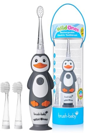 Brush-Baby – Wiederaufladbare Elektrische Kinderzahnbürste, 0–10 Jahre – WildOnes, Pinguin-Design mit Blinklichtern – DeepClean-Borsten für Gründliche Reinigung – 2 Ersatzköpfe & 1 USB-Kabel